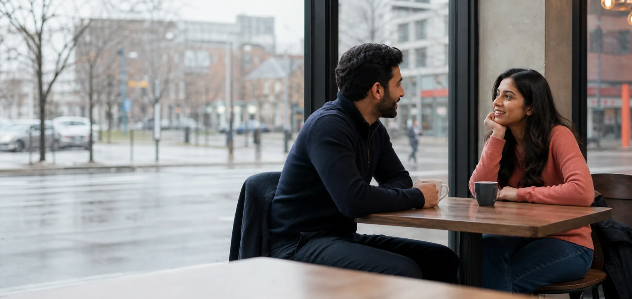 Two South Asian adults talking over coffee in a Toronto cafe
